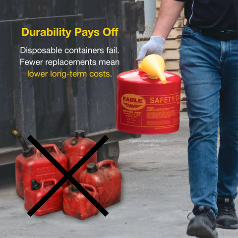 Built Tough 5 Gallon Red Type I Safety Gas Can Featuring Spill Proof Self Closing Cap And Quick Fill Funnel For Rock Solid Gasoline Storage And Hassle Free Transfers