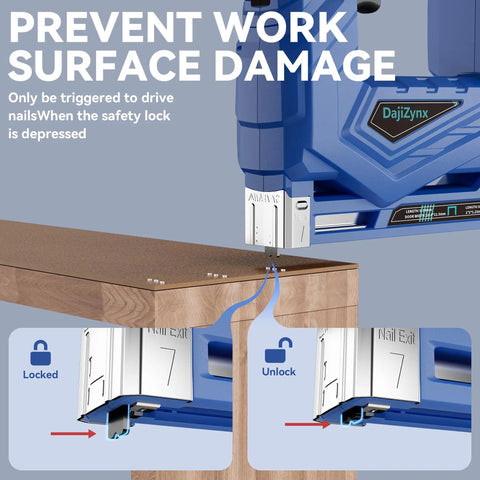 2 In 1 Cordless Brad Nailer And Staple Gun With Brushless Motor for DIY and upholstery work showing safety lock feature on wood.