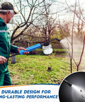 Man using Bulb Duster Sprayer For Rapid Even Pollination Of Tomatoes Veggies And Fruit Trees During Bloom Horticultural Powder Dispenser in garden