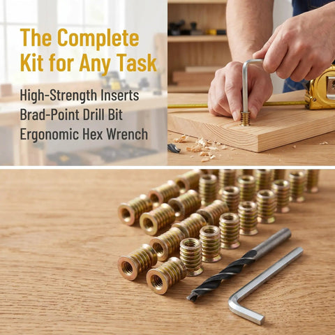 Beefy Wood Threaded Insert Kit With Hex Drive Nuts For Quick Furniture Fixes And Solid Secure Fastening One Quarter Inch Thread Size For Durable DIY Woodworking Projects, wood insert nut kit with drill bit and hex wrench
