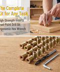 Must Have 4-20x15mm Threaded Inserts For Wood Furniture Assembly Kit with brass inserts, drill bit, and hex wrench on wood