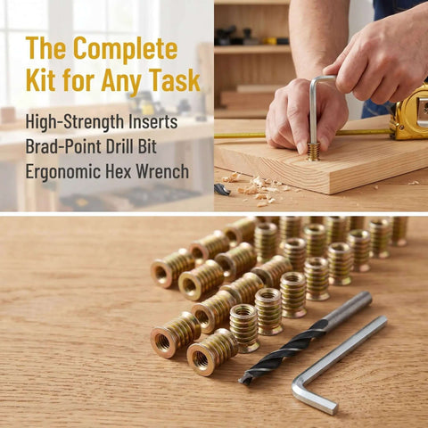 Must Have 4-20x15mm Threaded Inserts For Wood Furniture Assembly Kit with brass inserts, drill bit, and hex wrench on wood