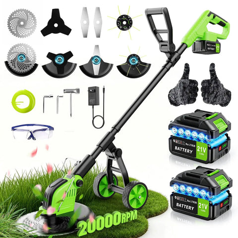 Cordless 800W Brushless Weed Wacker With Wheels 20,000 RPM 12 Inch 4 In 1 String Trimmer shown with accessories and batteries
