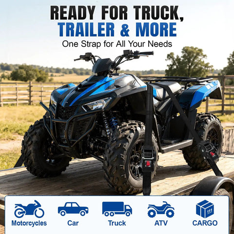 Real Deal Heavy Duty Retractable Ratchet Straps Two Inch By Ten Feet Four Thousand Pound Break Strength Two Pack securing ATV on a trailer.
