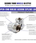 Image showing Chrome M14x1.5 Lug Nuts 25mm Long Open End Bulge Acorn Style 7 Spline for aftermarket wheels with detailed features.