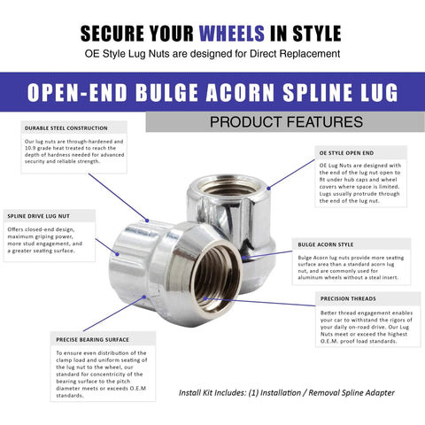Image showing Chrome M14x1.5 Lug Nuts 25mm Long Open End Bulge Acorn Style 7 Spline for aftermarket wheels with detailed features.