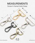 Layout of five screw-in swivel hook clasps showing different sizes and finishes, including brass and zinc, each with measured dimensions.