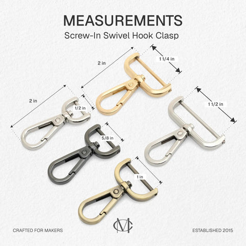 Layout of five screw-in swivel hook clasps showing different sizes and finishes, including brass and zinc, each with measured dimensions.