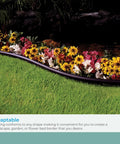 Pro Grade Landscape Edging Coil With Double Ridge Design For Flexible Sixty-Foot Roll For Gardens, Flower Beds, And Pathways Black Finish Made In The USA creating a border around colorful flowers.