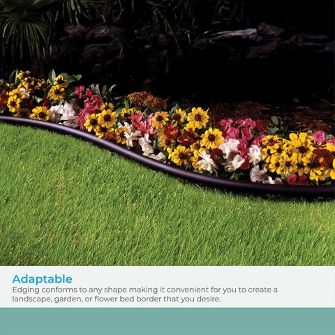 Pro Grade Landscape Edging Coil With Double Ridge Design For Flexible Sixty-Foot Roll For Gardens, Flower Beds, And Pathways Black Finish Made In The USA creating a border around colorful flowers.