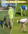 Three golfers using Shag Bag For Golf Balls With Detachable Aluminum Tube on green, reducing strain, with bag retrieving balls