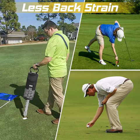 Three golfers using Shag Bag For Golf Balls With Detachable Aluminum Tube on green, reducing strain, with bag retrieving balls