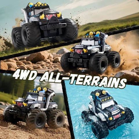 3 In 1 Amphibious RC Car Boat Water Gun With 2 4GHz Control All Terrain Waterproof Monster Truck traversing various terrains.