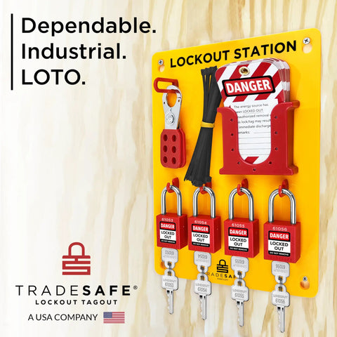 Lockout Tagout Station Kit With 26 LOTO Devices And 20 Do Not Operate Tags Padlock Hasps Wall Mount Board OSHA Compliant