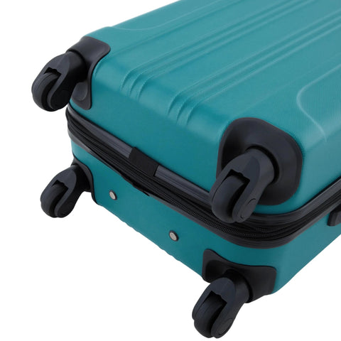 Travelers Club Chicago teal hardside expandable spinner luggage, 22-inch carry-on; bottom view with four wheels.