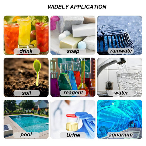 Image showing diverse applications of Two Pack pH Test Strips Universal Range 1 to 14 Litmus Paper Kit, including drinks and water.