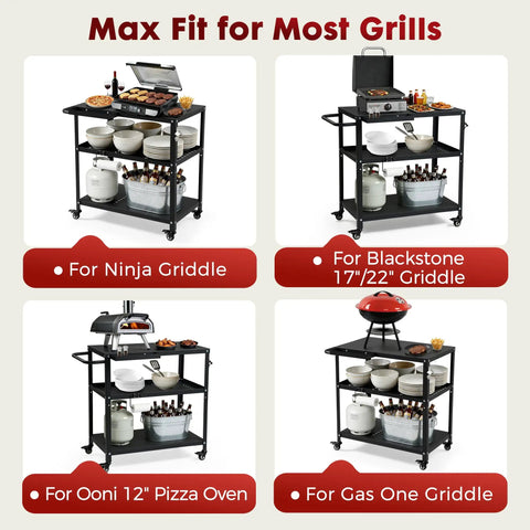 Grill Cart Table That Rolls On Wheels For Indoor And Outdoor Use With 4 Lockable Casters Side Handle Hooks Spice Caddy And Paper Towel Holder Multifunctional Pizza Oven Stand For Patio Kitchen with various grills and ovens