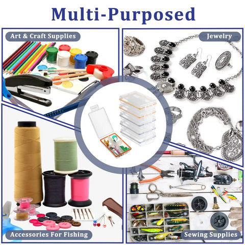 Collage with Pack Of 6 Clear Mini Fishing Tackle Boxes With 4 Compartments used for art, jewelry, fishing accessories, sewing supplies.
