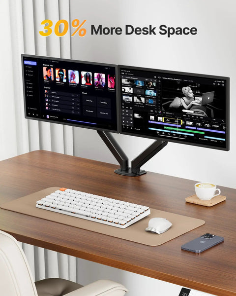 Built Tough Heavy Duty Dual Monitor Arm Stand With Full Motion Adjustment Fits 17 To 32 Inch Screens Supports 20 Lbs Per Arm on desk.
