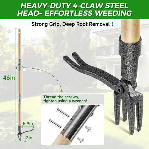 Stand Up Weed Puller Tool With Long Handle For Easy Root Removal No Kneeling, Heavy Duty 4 Claw Steel Head Weeder illustration