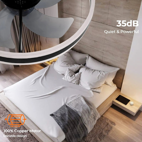 Low Profile Bladeless Ceiling Fan With Light, 19.7 Inch Flush Mount, Black, modern bedroom setting with bed below