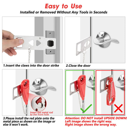 AceMining portable red door lock with metal bracket and chain installed on a door.