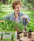 Woman gardening with All In One 9 Herb Indoor Window Garden Kit For Moms And Home Cooks With Seeds Pots Soil Pruning Shears And Markers Non GMO Heirloom Herbs For Easy Growing No Fuss Daily Use A Thoughtful Gift For Birthdays Housewarmings And Mother's Day.