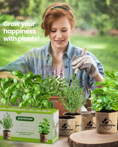 Woman gardening with All In One 9 Herb Indoor Window Garden Kit For Moms And Home Cooks With Seeds Pots Soil Pruning Shears And Markers Non GMO Heirloom Herbs For Easy Growing No Fuss Daily Use A Thoughtful Gift For Birthdays Housewarmings And Mother's Day.