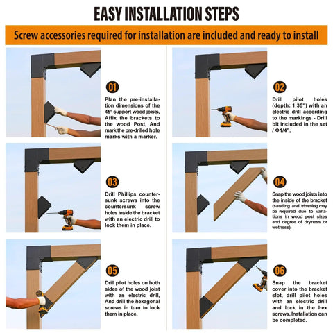 Installation steps for 8-Pack 45 Degree Angle Support Bracket For 4x6 Pergolas Gazebos Decks Porches And Cabins Frosted Black Finish