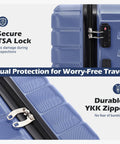 Blue 3-piece hard-shell luggage set with TSA lock, YKK zipper, and spinner wheels (front view).