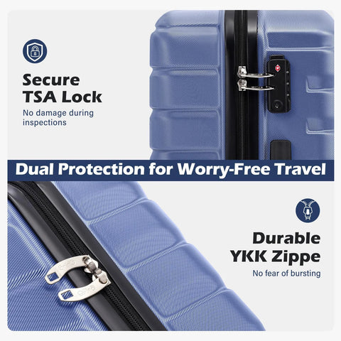 Blue 3-piece hard-shell luggage set with TSA lock, YKK zipper, and spinner wheels (front view).
