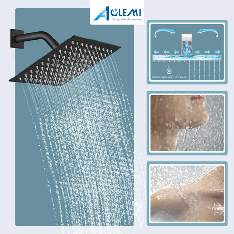 Matte Black 8 Inch Rainfall Shower System With Three Function Shower Head And ABS Handheld Spray Luxury Rough In Valve And Trim Included Wall Mount Shower Mixer Faucet For Modern Bathroom Renovation showing water pressure and coverage
