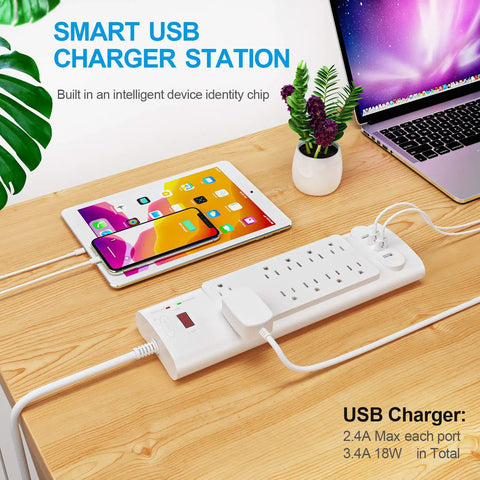 14 In 1 Surge Protector Power Hub With 10 AC Outlets And 4 USB Ports, 1875W 2100 Joules, on a desk with tablet and laptop