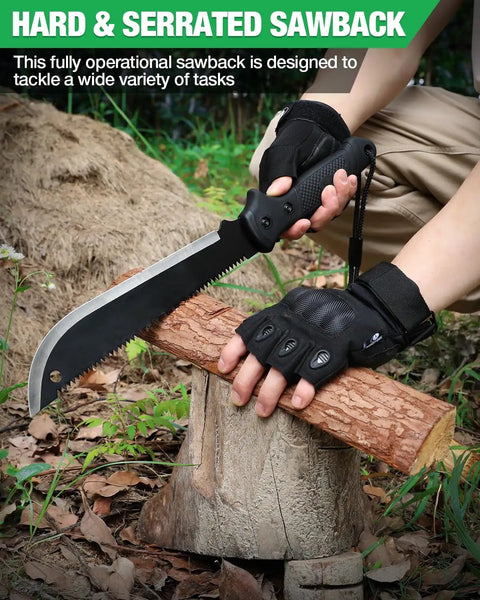 Person using 19 Inch Machete With Saw And Sheath, Sharp Blade, Ergonomic No Slip Handle For Bushcraft, Camping, Hunting