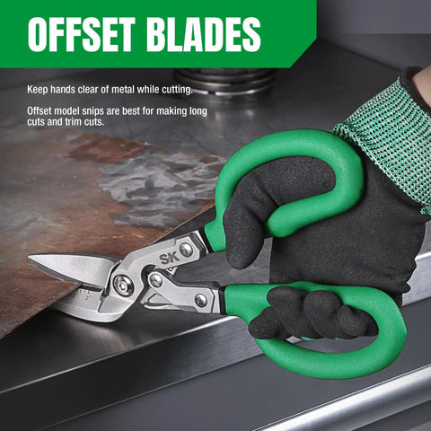 Beefy 10 Inch Bent Compound Action Tin Snips With Drop Forged Blades cutting sheet metal, ergonomic green handles visible