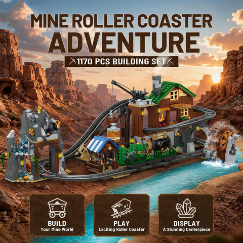 1170 Piece Mine Roller Coaster Building Blocks Set for Builders and STEM Geeks displayed with coaster track and mine scenery
