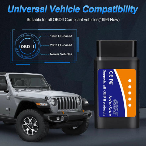 Bluetooth OBD2 Scanner For iPhone iOS Android Windows Car Code Reader shown with SUV and compatibility details