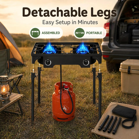 Two Burner Propane Stove For Outdoor Cooking With 150,000 BTU Total, Heavy Duty Camping Cooker with removable legs setup on grass