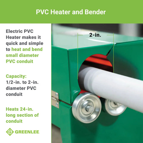 Greenlee Electric Pvc Pipe Heater For 1/2 To 2 Inch Conduit with white PVC pipe, 2-inch slot for heating and bending.