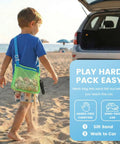 Child carrying a Two Pack Mesh Beach Shovel Set With Two Shell Bags For Kids Sand Sifters And Shell Collecting Kit Durable Metal Shovels