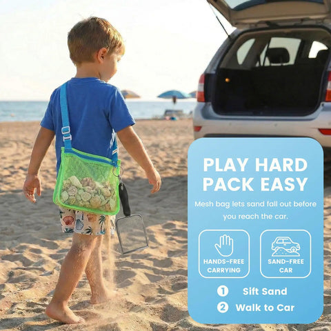 Child carrying a Two Pack Mesh Beach Shovel Set With Two Shell Bags For Kids Sand Sifters And Shell Collecting Kit Durable Metal Shovels