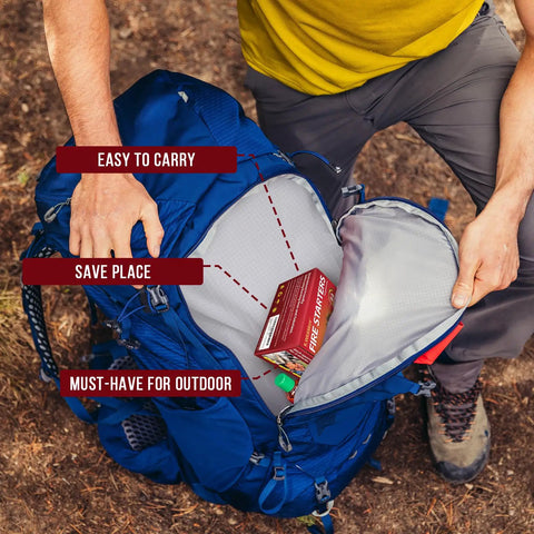 Grillin Ready Fire Starters packed in blue backpack for camping, showing portability for Fireplace And Grill Odorless Water Resistant Squares.