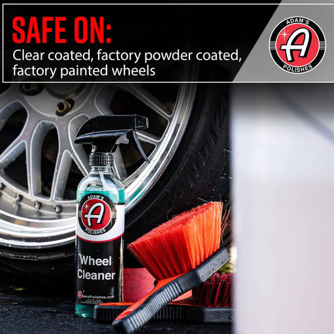 Wheel Cleaner 16oz Tough Spray for Car Wash Detailing next to brush and chrome wheel, safe on coated and painted surfaces.