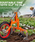 2 In 1 Manual Wheel Hoe Garden Cultivator in use on farm, adjustable tines 12.2 to 14.2 inches, heavy duty steel frame visible