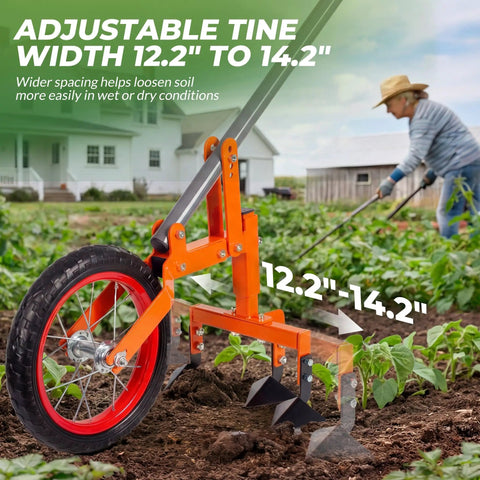 2 In 1 Manual Wheel Hoe Garden Cultivator in use on farm, adjustable tines 12.2 to 14.2 inches, heavy duty steel frame visible