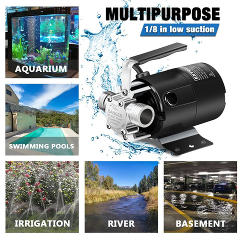 Powerful 115V Water Transfer Pump With 6 Ft Hose Kit, image shows pump near aquarium, pool, irrigation, river, and basement.