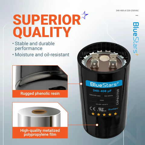 UL Certified 340-408uF Round Start Capacitor 220-250V AC 50 60 Hz Plug In Replacement for Single Phase Motors Visible
