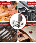 Rock Solid 7 Speed Mini Belt Sander Featuring Ultra Quiet Performance And 20 Tough Sanding Belts For Precision Woodworking Glass Etching And Detailed Jewelry Grinding On Any Weekend Warrior Build Back At The Local Shop displayed with woodworking, knife making, metal grinding, and jewelry crafting.