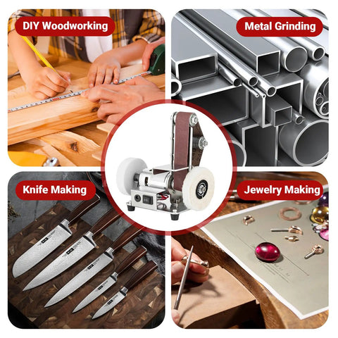 Rock Solid 7 Speed Mini Belt Sander Featuring Ultra Quiet Performance And 20 Tough Sanding Belts For Precision Woodworking Glass Etching And Detailed Jewelry Grinding On Any Weekend Warrior Build Back At The Local Shop displayed with woodworking, knife making, metal grinding, and jewelry crafting.