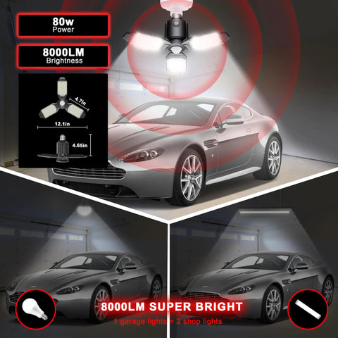 80W Motion Activated LED Shop Light With PIR Sensor illuminating a car in garage, showcasing light beam and dimensions